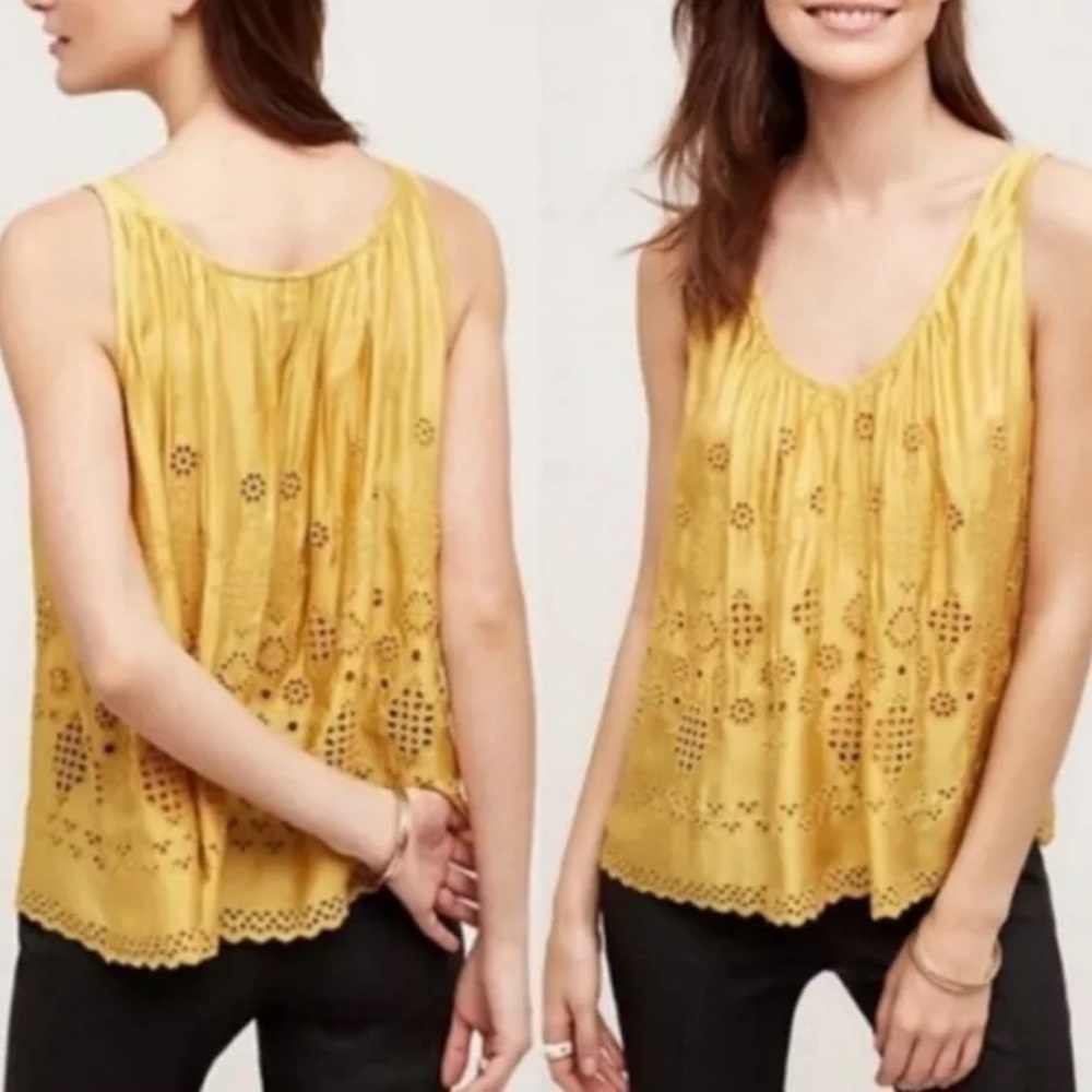 Anthropologie Vanessa Virginia Yellow Embroidered Boho Sleeveless Top